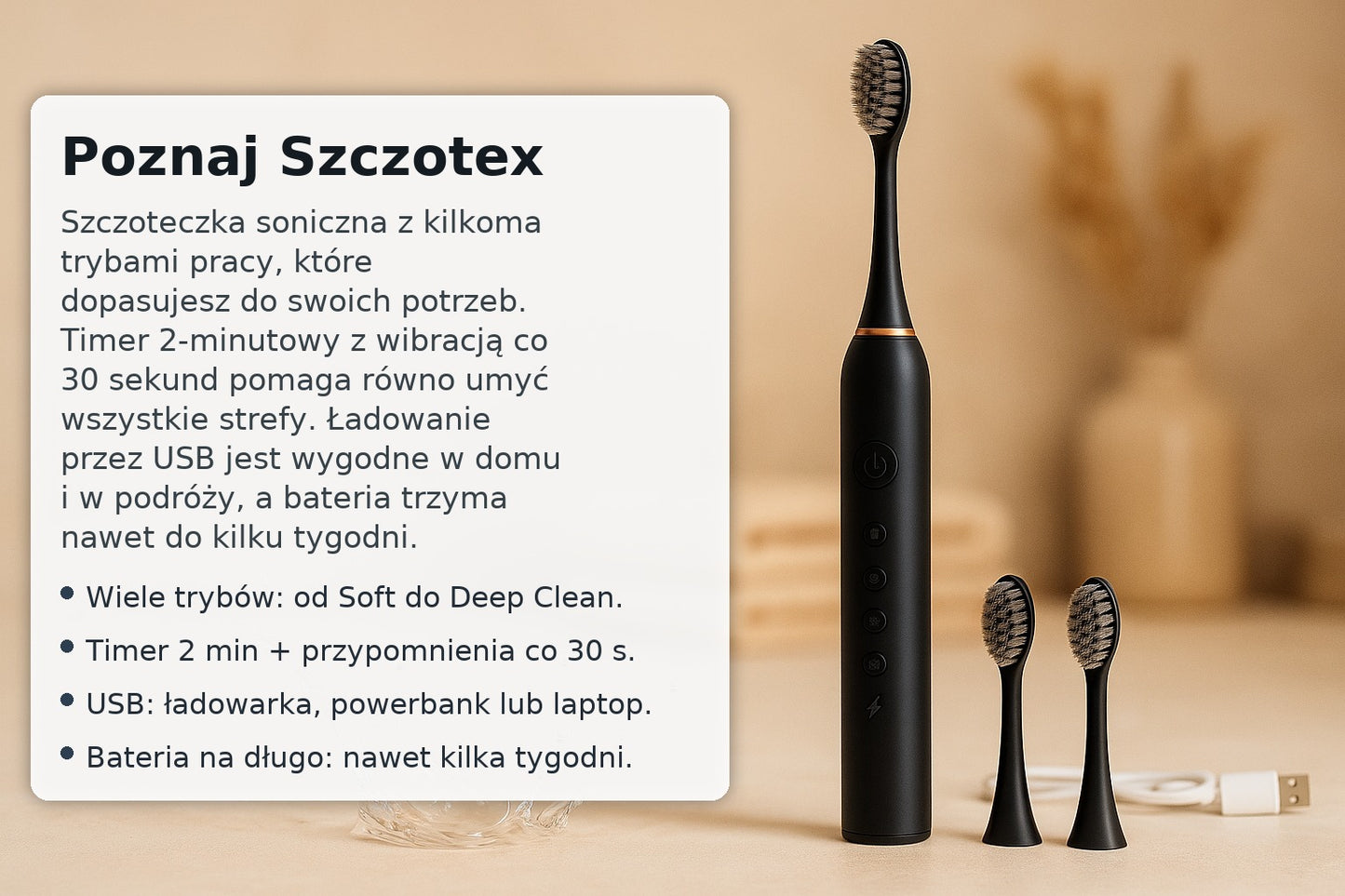 Elektryczna szczoteczka soniczna z timerem + wymienne końcówki (IPX7)