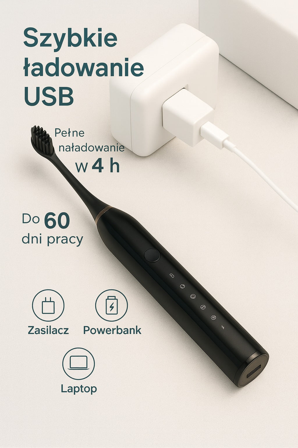 Elektryczna szczoteczka soniczna z timerem + wymienne końcówki (IPX7)